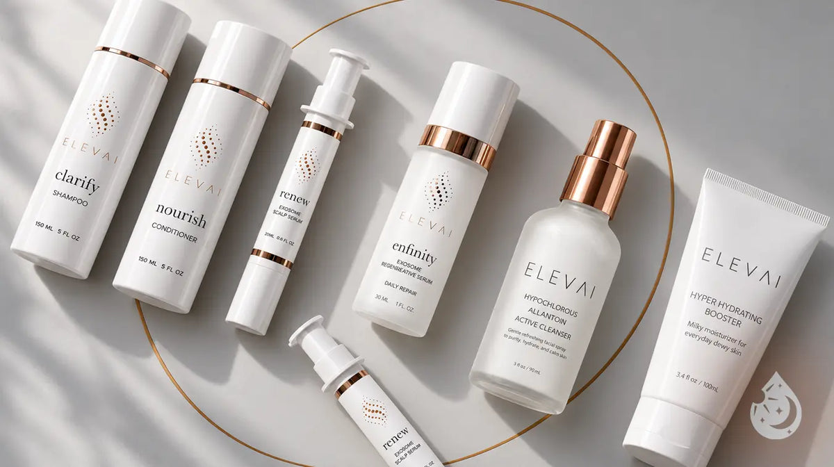 Elevai Clarify shampoo, Nourish conditioner, Renew scalp serum, Enfinity serum, HOCl cleanser and Hyper Hydrating Booster on a white surface