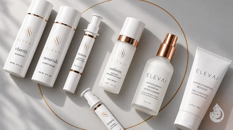 Elevai Clarify shampoo, Nourish conditioner, Renew scalp serum, Enfinity serum, HOCl cleanser and Hyper Hydrating Booster on a white surface
