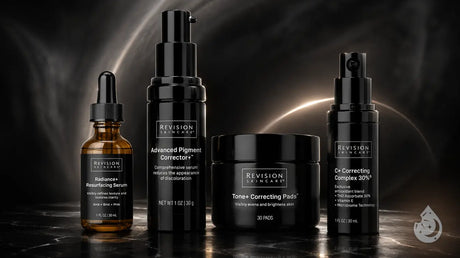 Bottles and jar of Revision Skincare products including Advanced Pigment Corrector and C+ Correcting Complex
