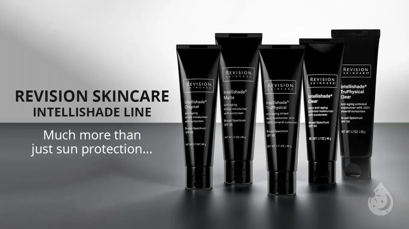 Comparison of five Revision Skincare Intellishade formulas including Original, Matte, TruPhysical, Clear and TruPhysical Clear sunscreens
