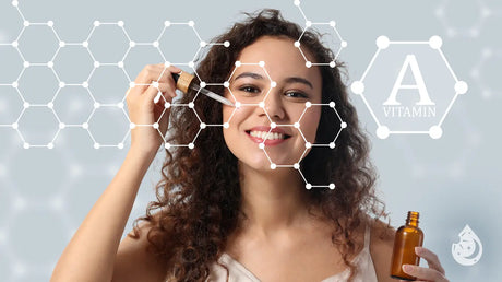 Model applying face serum with a dropper overlayed with a vitamin A molecule graphic