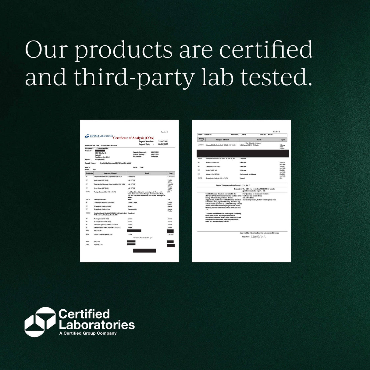 Two certification documents on a dark green background with 'Certified Laboratories' branding.