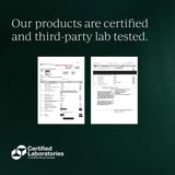 Two certification documents on a dark green background with 'Certified Laboratories' branding.
