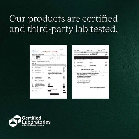 Two certification documents on a dark green background with 'Certified Laboratories' branding.