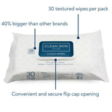 Pack of Clean Skin Club wipes with text highlighting features
