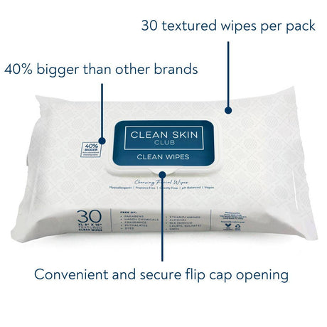 Pack of Clean Skin Club wipes with text highlighting features