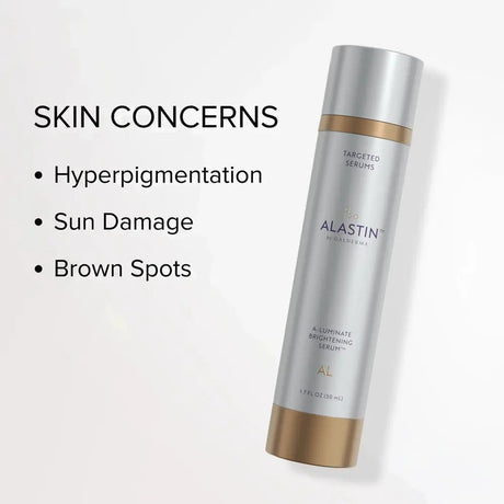 Alastin skincare brightening serum bottle with text on skin concerns on a white background