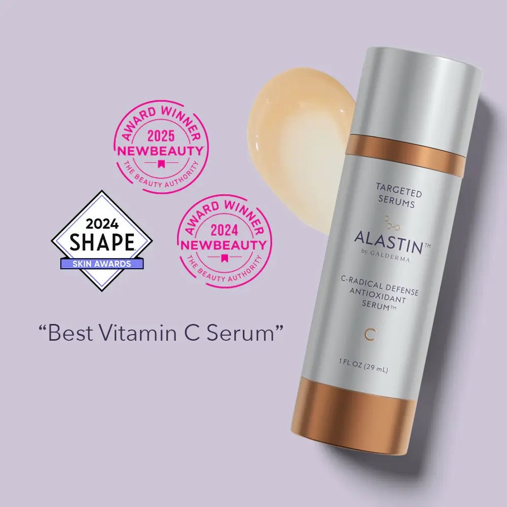 Alastin C-Radical Serum with awards on a light purple background