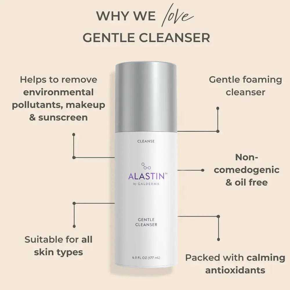An Alastin Gentle Cleanser bottle centered on a warm beige background with surrounding marketing text callouts. The bottle is white with a metallic silver cap.