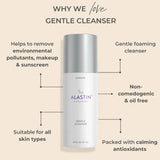 An Alastin Gentle Cleanser bottle centered on a warm beige background with surrounding marketing text callouts. The bottle is white with a metallic silver cap.
