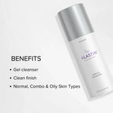 Alastin gentle cleanser bottle shown on a light gray background with text listing benefits: gel cleanser, clean finish, and suitable for normal, combo & oily skin types.