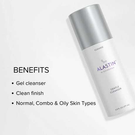 Alastin gentle cleanser bottle shown on a light gray background with text listing benefits: gel cleanser, clean finish, and suitable for normal, combo & oily skin types.