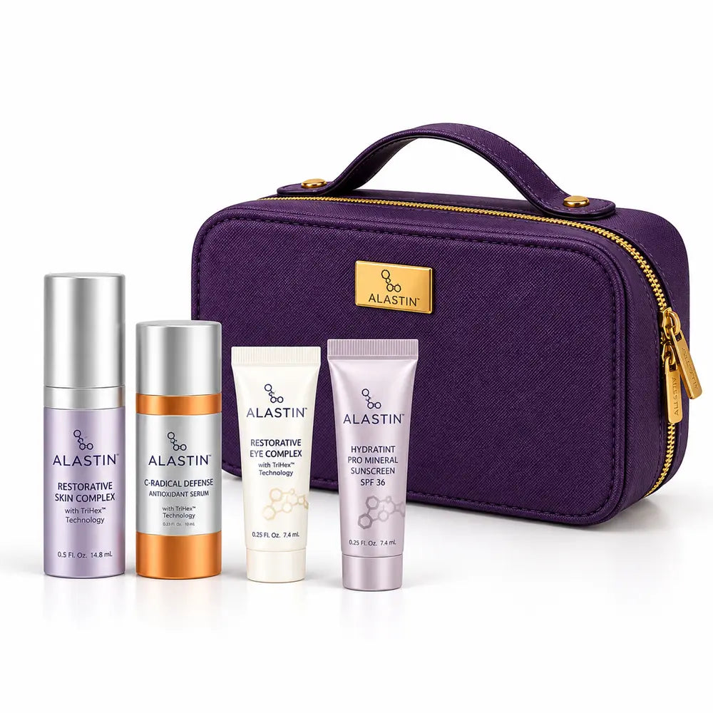 Alastin Glow to Go kit with 2 travel size products, 2 sample size products nad a deluxe purple cosmetic bag