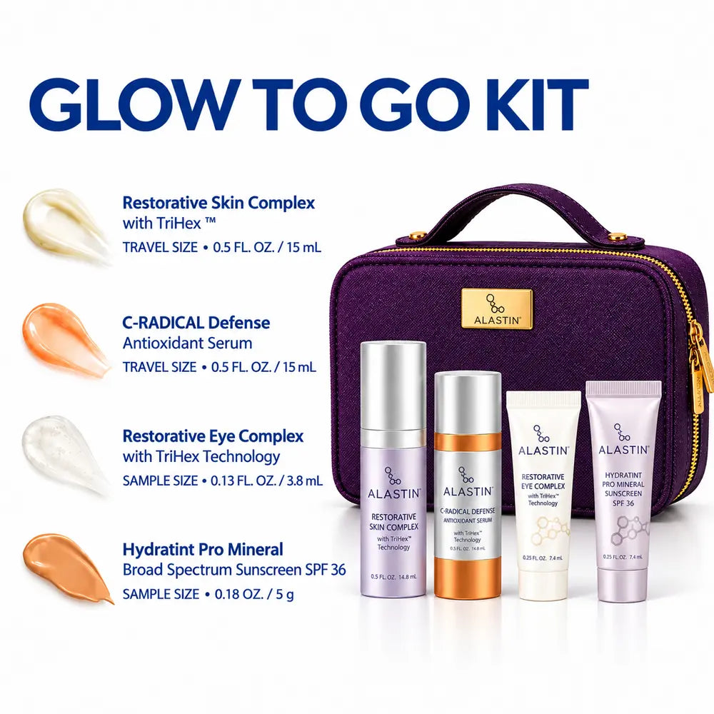Alastin Glow to Go kit with product swatches