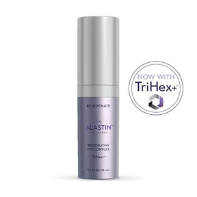 Purple and silver bottle of Alastin Skincare Restorative Eye Complex with new TriHex+ technology
