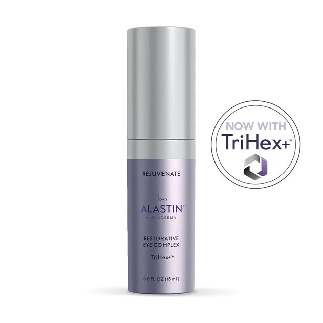 Purple and silver bottle of Alastin Skincare Restorative Eye Complex with new TriHex+ technology