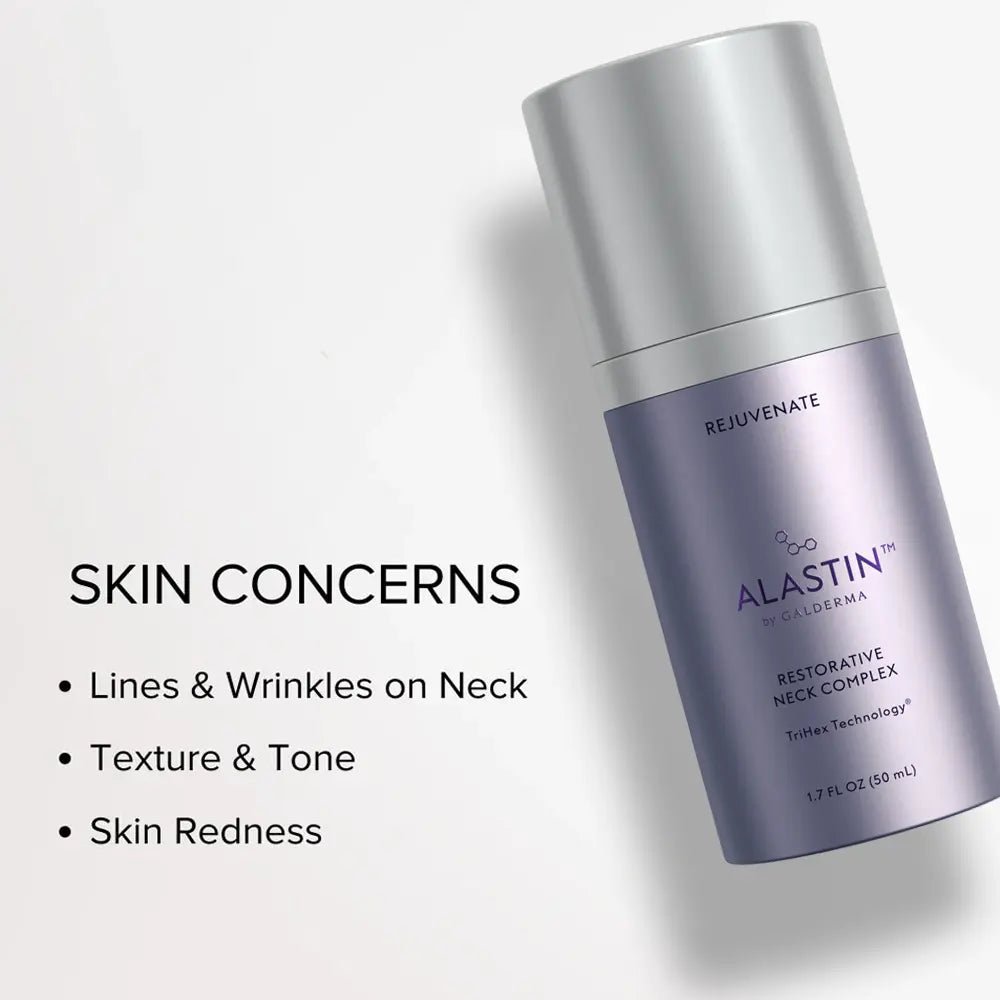 Alastin Skincare Restorative Neck Complex with text on skin concerns on a white background