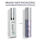 Two Alastin skincare bottles, one silver and one purple, on a white background with text about new packaging.