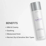 A white bottle of ALASTIN Ultra Calm Cleansing Cream with a metallic silver cap, shown on a light gray background next to a text list detailing its benefits.