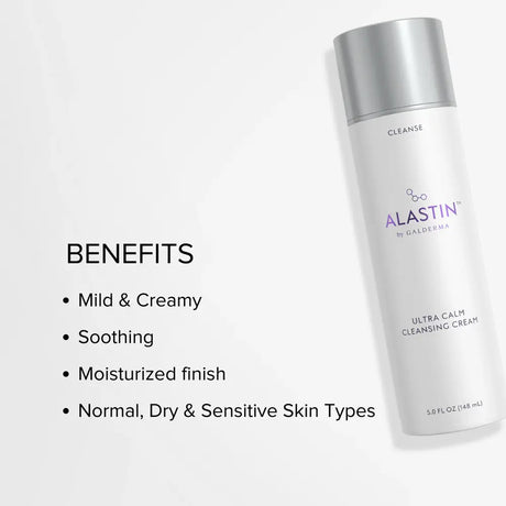 A white bottle of ALASTIN Ultra Calm Cleansing Cream with a metallic silver cap, shown on a light gray background next to a text list detailing its benefits.