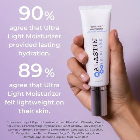 Hand holding a tube of Alastin Ultra Light Moisturizer with text on a purple background