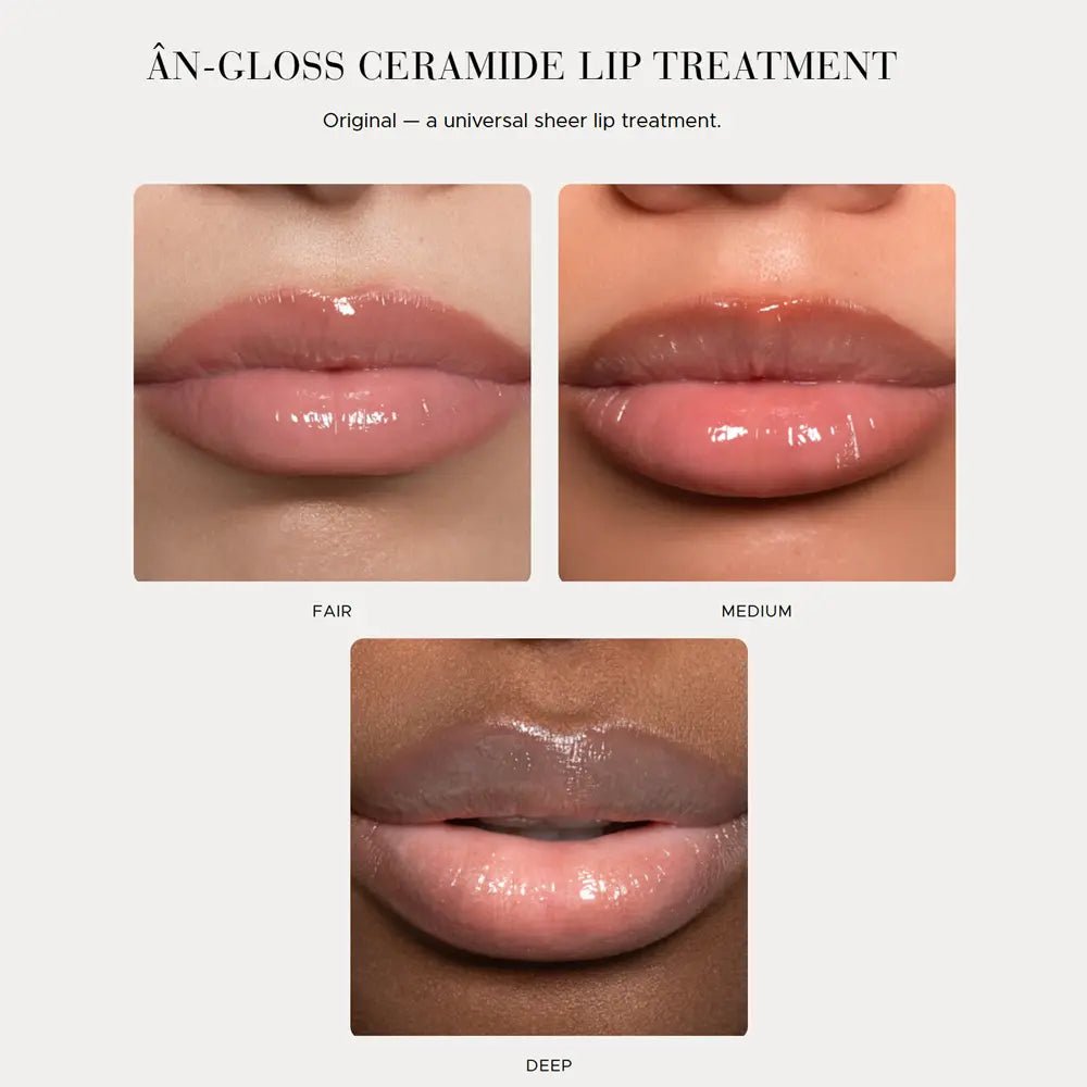 Lip treatment product showing different skin colors with Anfisa An-Gloss clear
