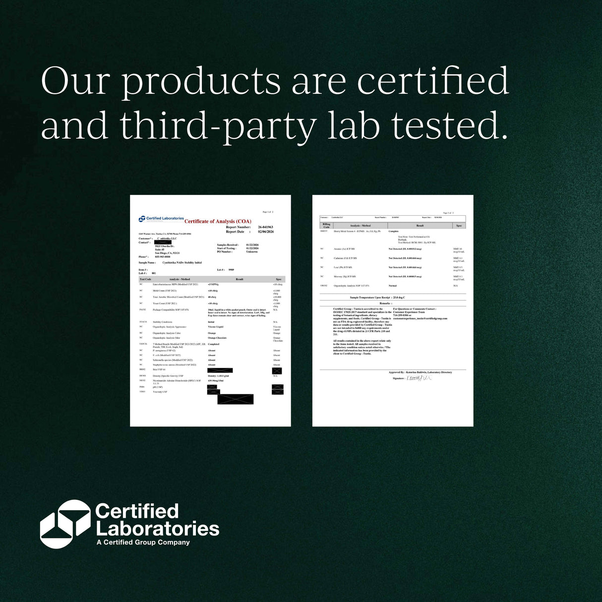Two lab test certificates on a dark green background with 'Certified Laboratories' branding.