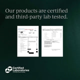 Two lab test certificates on a dark green background with 'Certified Laboratories' branding.