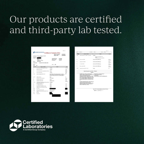 Two lab test certificates on a dark green background with 'Certified Laboratories' branding.
