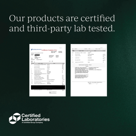 Two certification documents on a dark green background with 'Certified Laboratories' logo.