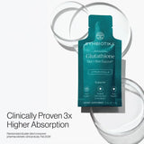 A Cymbiotika Liposomal Glutathione Gut + Skin Support supplement packet in Citrus Vanilla flavor, displayed on a clean white background with artistic clear glass rings and promotional text.