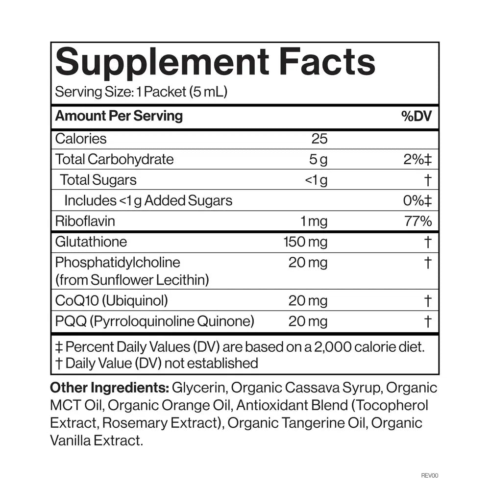 A supplement facts label showing serving size 1 packet (5 mL) with a table of nutrients and ingredients, on a white background.