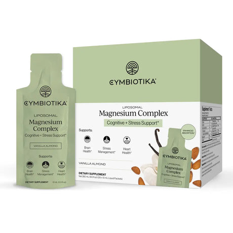 Cymbiotika Liposomal Magnesium Complex dietary supplement shown with a large product box and a single foil packet, both in a pale sage green and white color scheme with vanilla almond graphics.