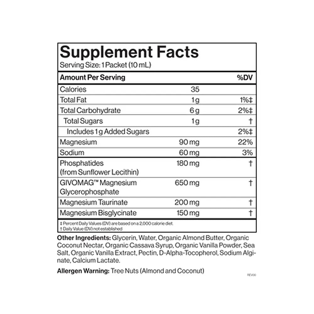 A Supplement Facts nutrition label on a white background, showing serving size, calories, fat, carbohydrates, sugars, and listed ingredients including GIVOMAG Magnesium and other allergens.