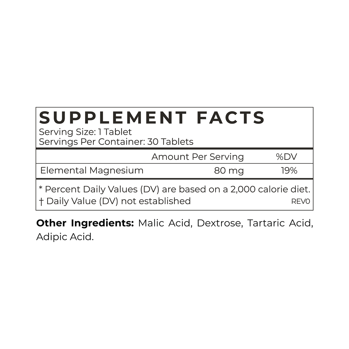 Supplement facts label for a tablet containing elemental magnesium.