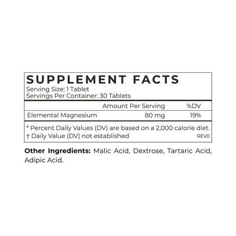 Supplement facts label for a tablet containing elemental magnesium.