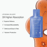Cymbiotika NAD+ 3x more absorption supplement bottle with liquid background and product features text.
