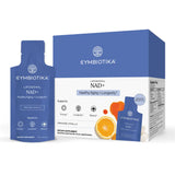 A box and single sachet of Cymbiotika Liposomal NAD+ Orange Vanilla dietary supplement, shown on a clean white background.