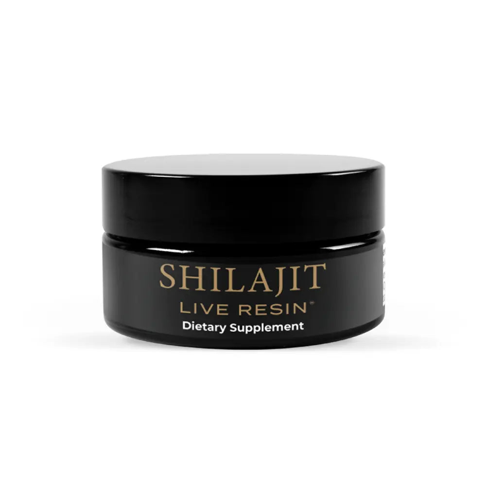 A black jar of Cymbiotika Shilajit Live Resin dietary supplement with gold and white lettering, set against a plain white background.