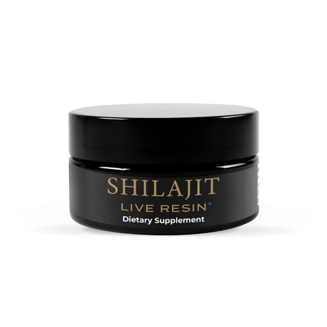 A black jar of Cymbiotika Shilajit Live Resin dietary supplement with gold and white lettering, set against a plain white background.