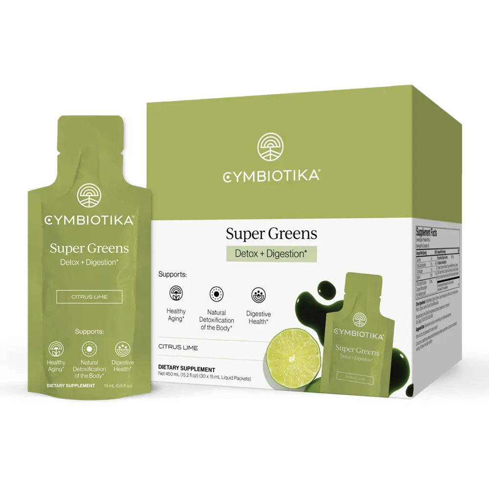 Gymbiotika Super Greens Detox + Digestion dietary supplement packaging, showing a large green and white box alongside a single citrus lime-flavored sachet.
