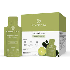Gymbiotika Super Greens Detox + Digestion dietary supplement packaging, showing a large green and white box alongside a single citrus lime-flavored sachet.