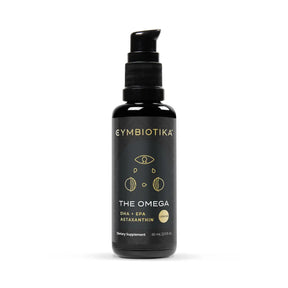 A black pump bottle of Cymbiotika The Omega dietary supplement with gold lettering and graphics, set against a plain white background.