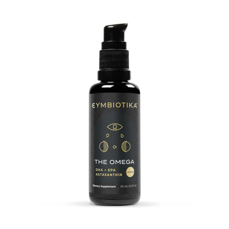 A black pump bottle of Cymbiotika The Omega dietary supplement with gold lettering and graphics, set against a plain white background.