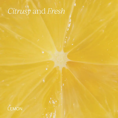 A close-up yellow lemon texture with radiating pulp rays and glossy juice droplets, with the words 'Citrusy and Fresh' at the top and 'LEMON' at the bottom left.