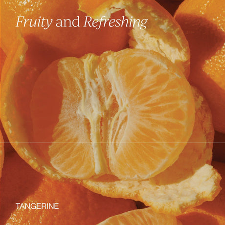 Sliced tangerines with a focus on freshness and color, labeled 'Fruity and Refreshing'.