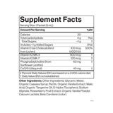 Supplement facts label with detailed nutritional information on a white background