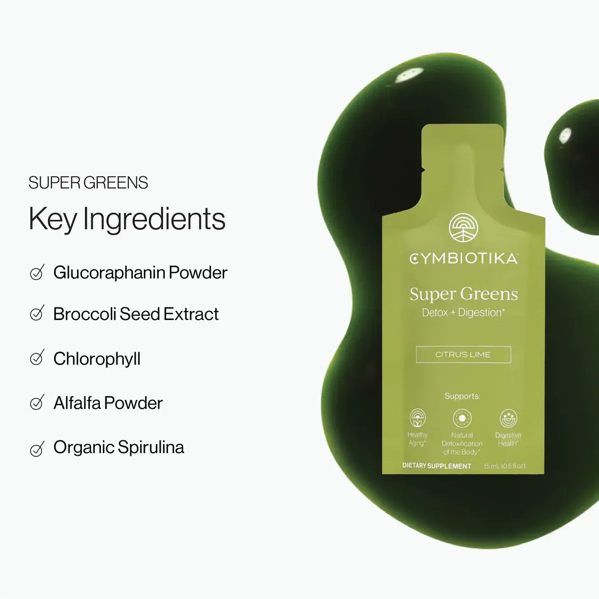 Cymbiotika Super Greens supplement bottle with key ingredients listed on a white background