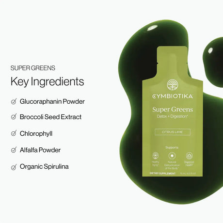 Cymbiotika Super Greens supplement bottle with key ingredients listed on a white background