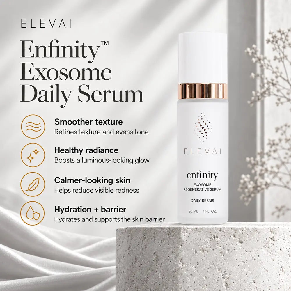 Elevai Enfinity Exosome Daily Serum benefits: smoother texture, healthy radiance, calmer-looking skin, hydration and barrier support